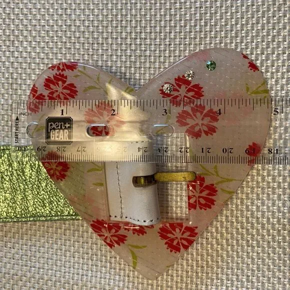 Rare Kaos acrylic heart buckle reversible white and metallic green leather belt